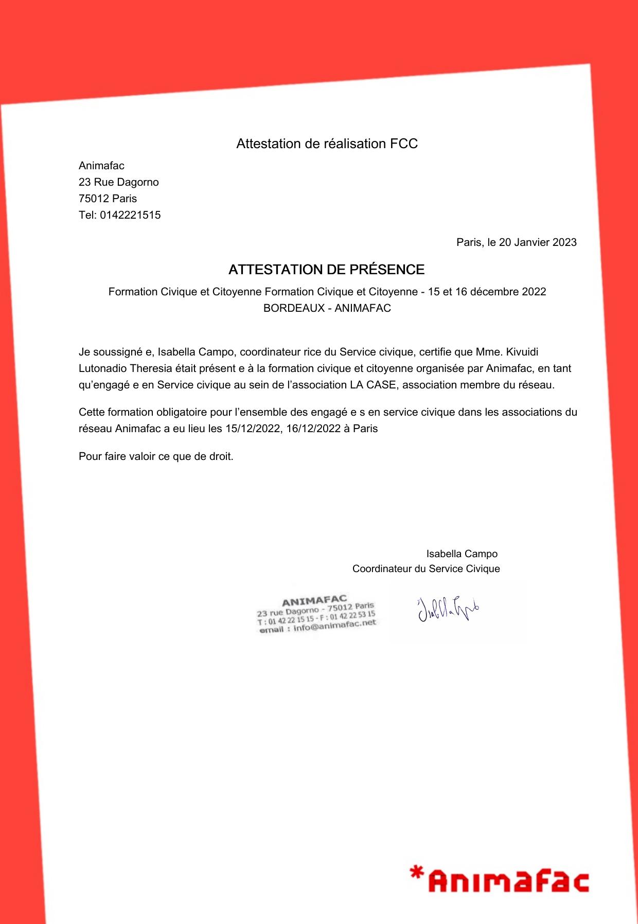 Attestation de présence à la Formation Civique et Citoyenne, Animafac