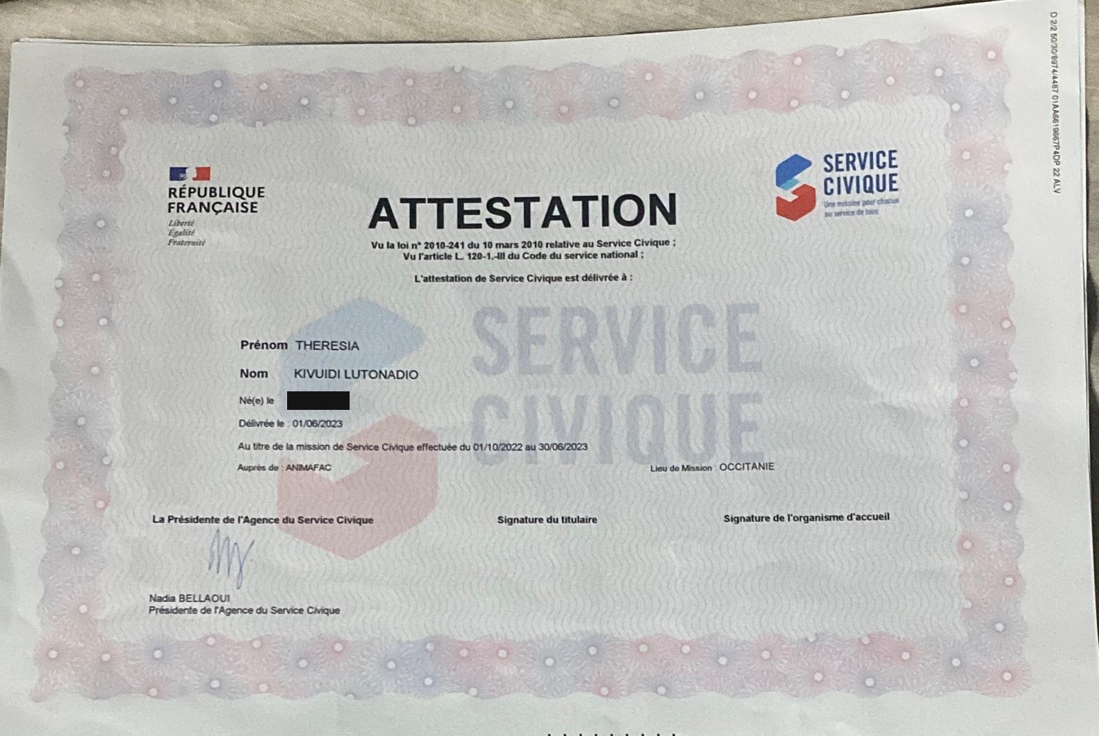 Attestation de Service Civique